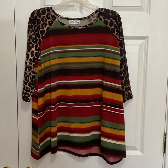 Southern Charm Tops - Striped Long Sleeve Top with Leopard Print